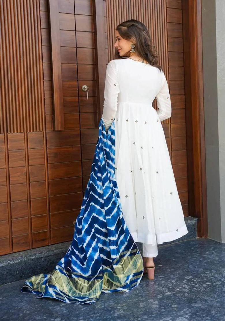 White Thread Sequin Embroidered Cotton Anarkali Set