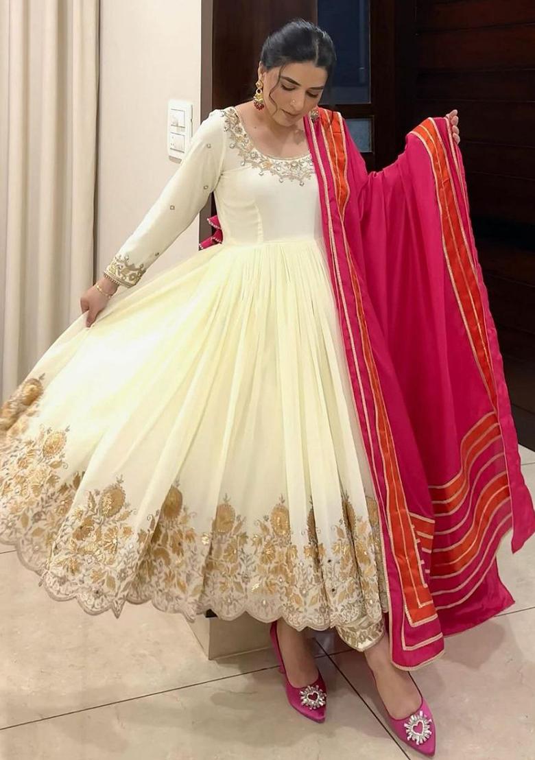 Off White Thread Sequin Embroidered Faux Georgette Anarkali Set