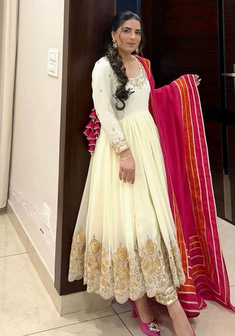 Off White Thread Sequin Embroidered Faux Georgette Anarkali Set