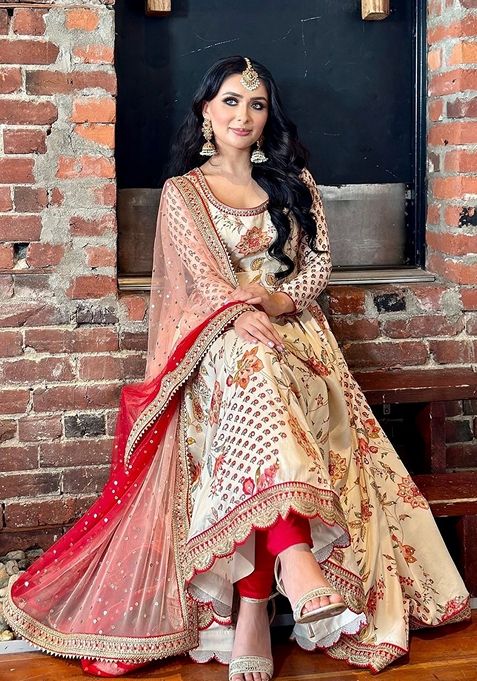 Light Peach Sequin Embroidered Digital Print Faux Georgette Anarkali Set