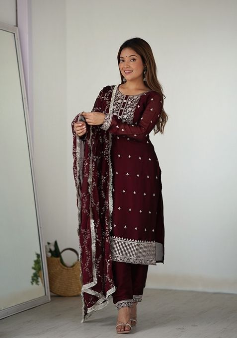 Maroon Zari Sequin Embroidered Rangoli Silk Kurta Set