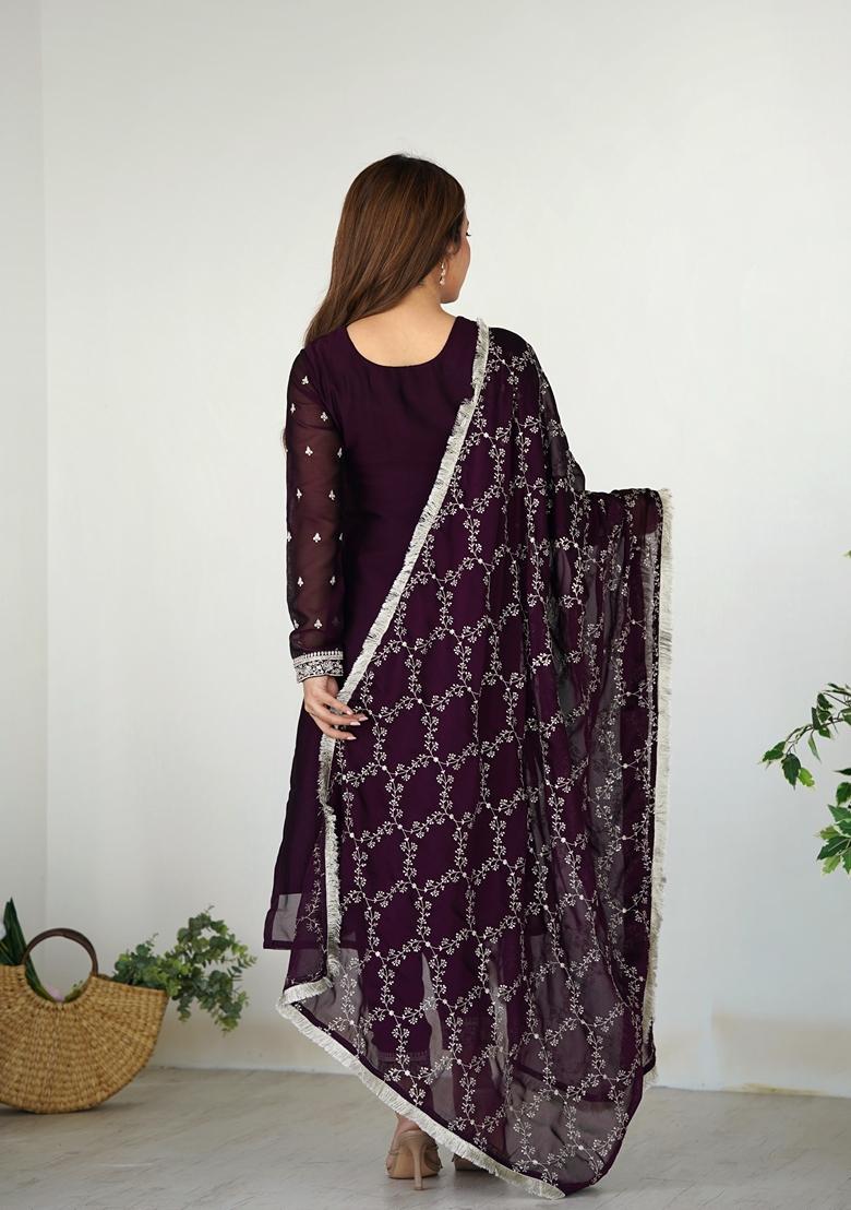 Wine Zari Sequin Embroidered Rangoli Silk Kurta Set