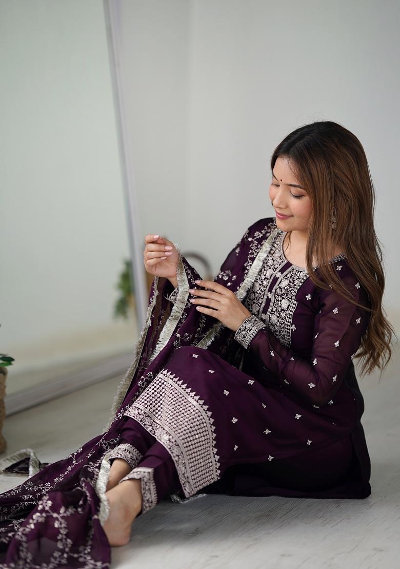 Wine Zari Sequin Embroidered Rangoli Silk Kurta Set