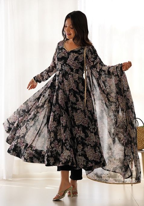 Black Digital Print Faux Georgette Anarkali Set