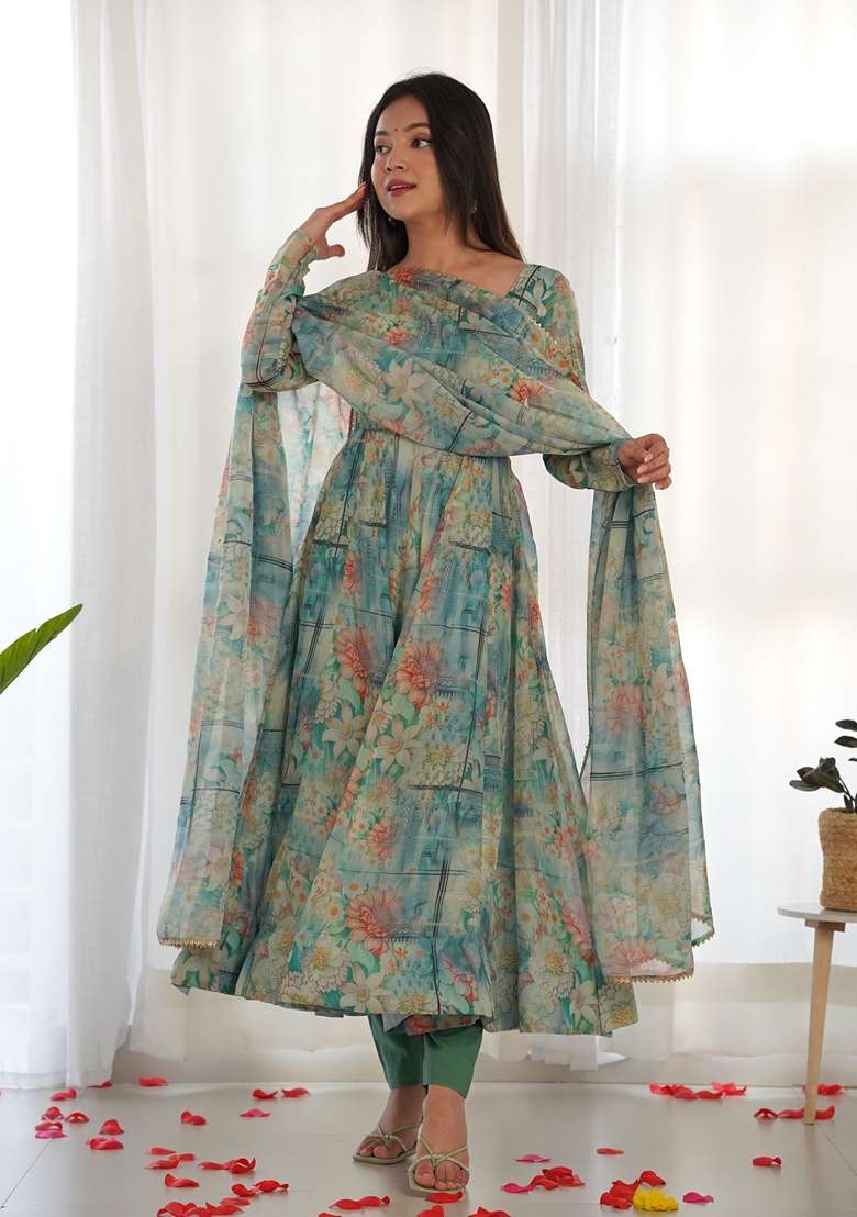 Multicolor Floral Print Organza Anarkali With Dupatta - Indya