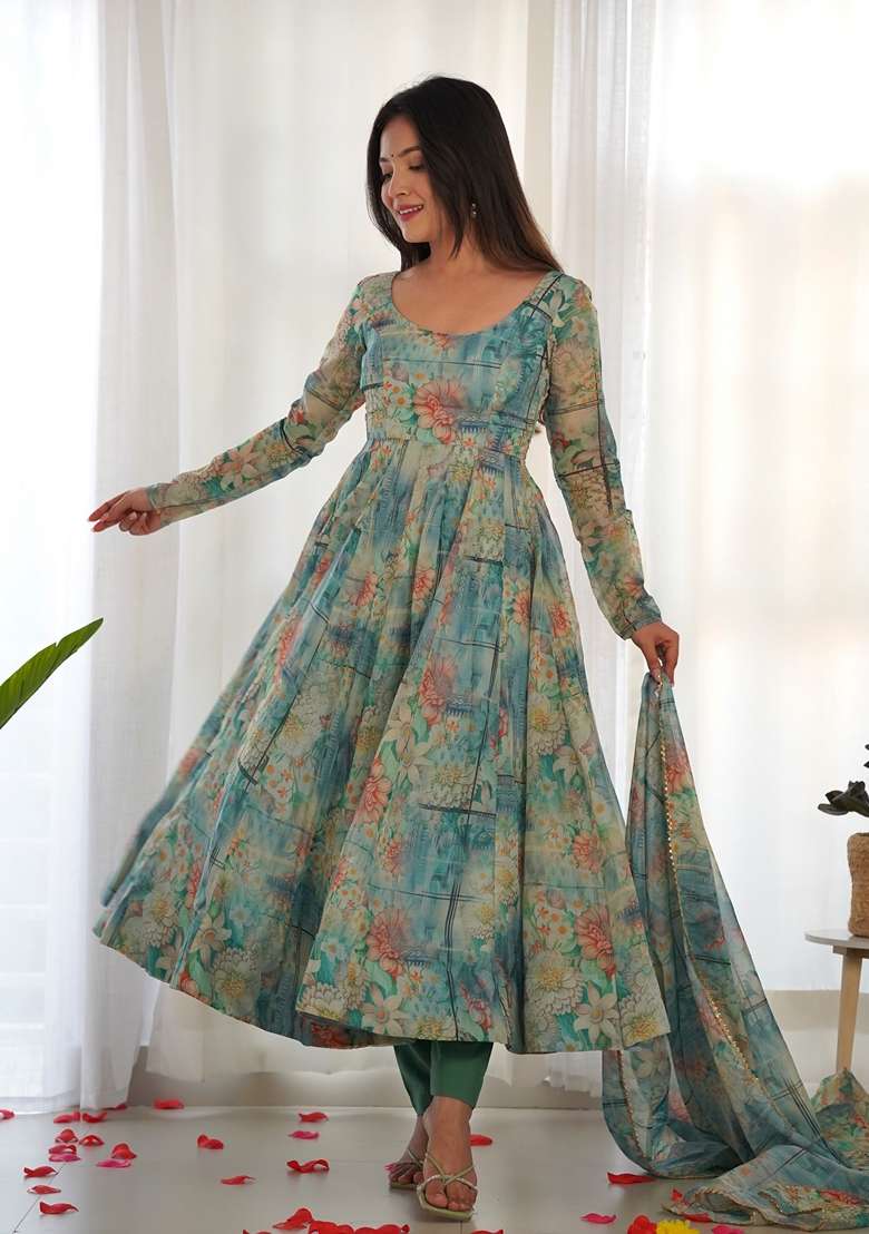 Multicolor Floral Print Organza Anarkali With Dupatta - Indya