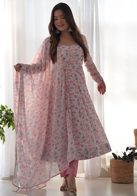 Baby Pink Digital Print Chiffon Anarkali Set