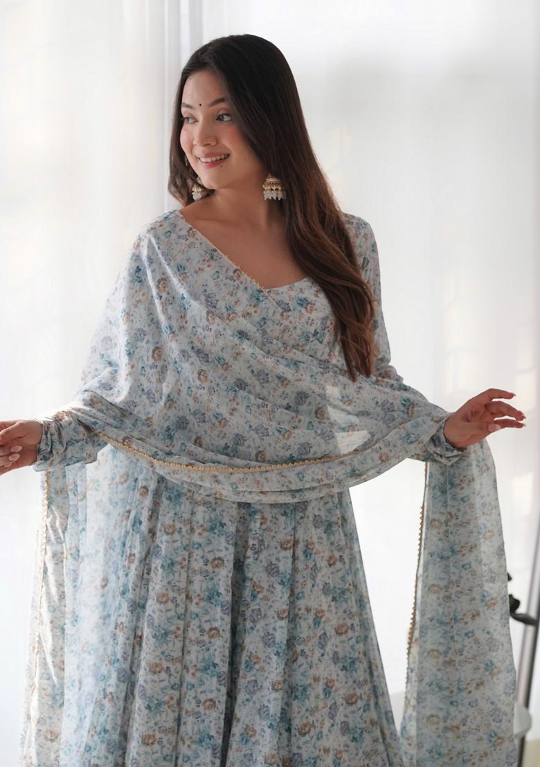 Sky Blue Digital Print Chiffon Anarkali Set