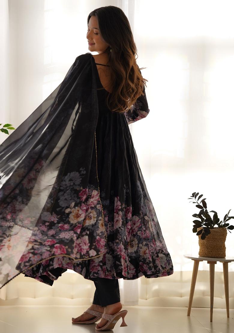 Black Digital Print Organza Anarkali Set