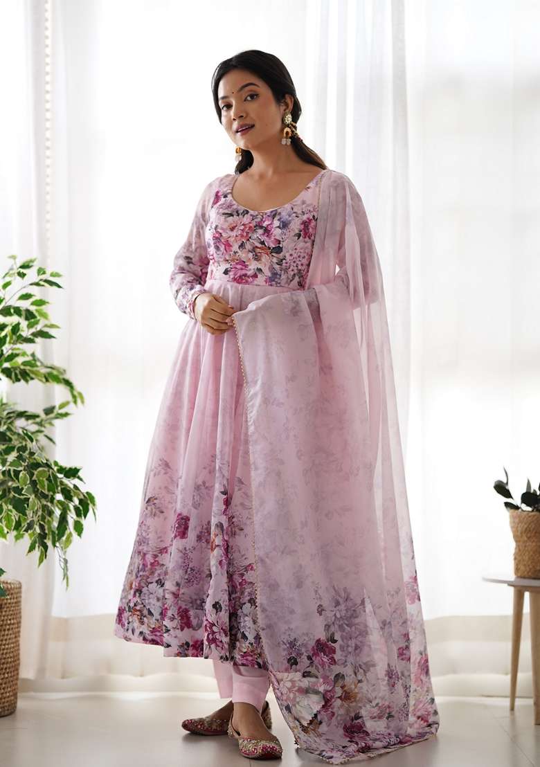 Pink Embroidered Organza Anarkali With Dupatta - Indya