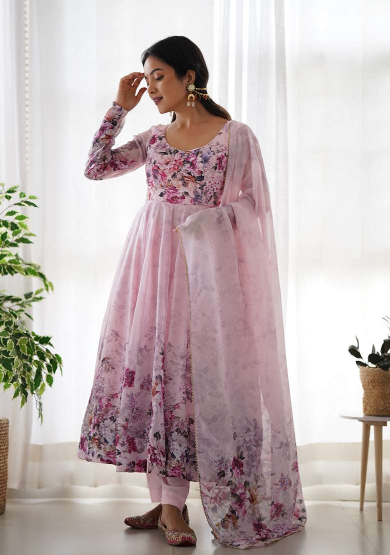 Pink Embroidered Organza Anarkali With Dupatta - Indya