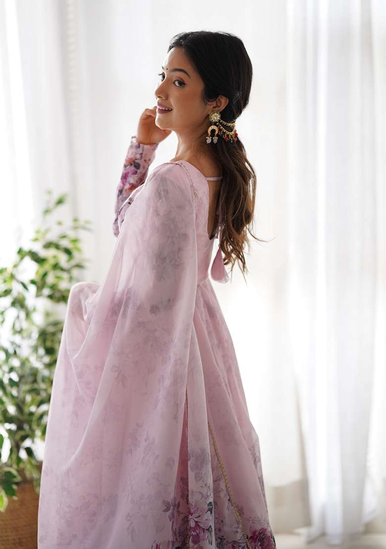 Pink Embroidered Organza Anarkali With Dupatta - Indya