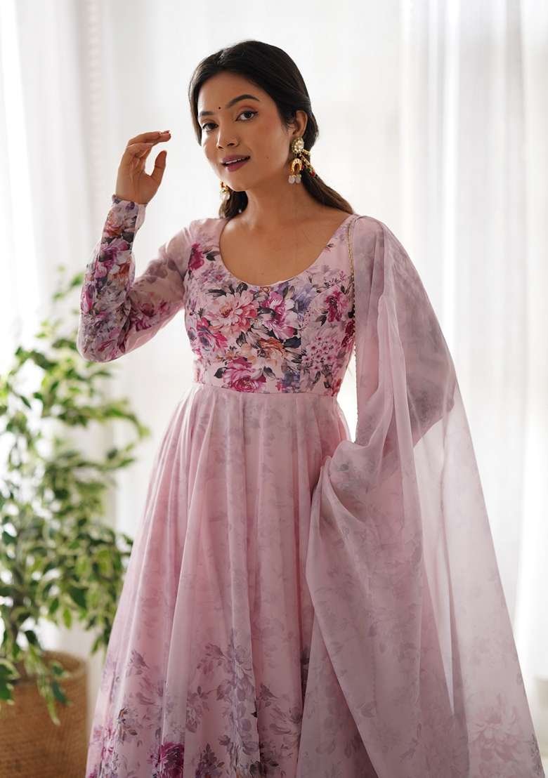 Pink Embroidered Organza Anarkali With Dupatta - Indya