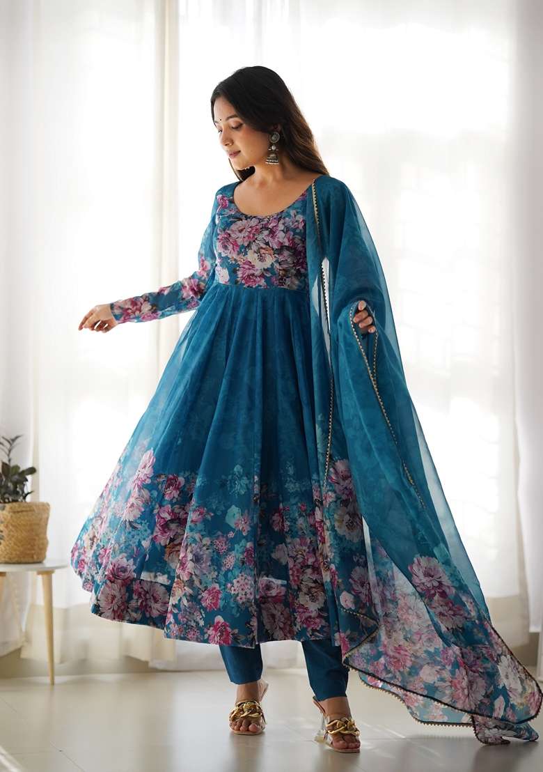 Rama Blue Floral Print Organza Anarkali With Dupatta - Indya