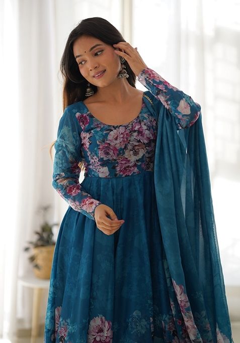 Rama Blue Digital Print Organza Anarkali Set