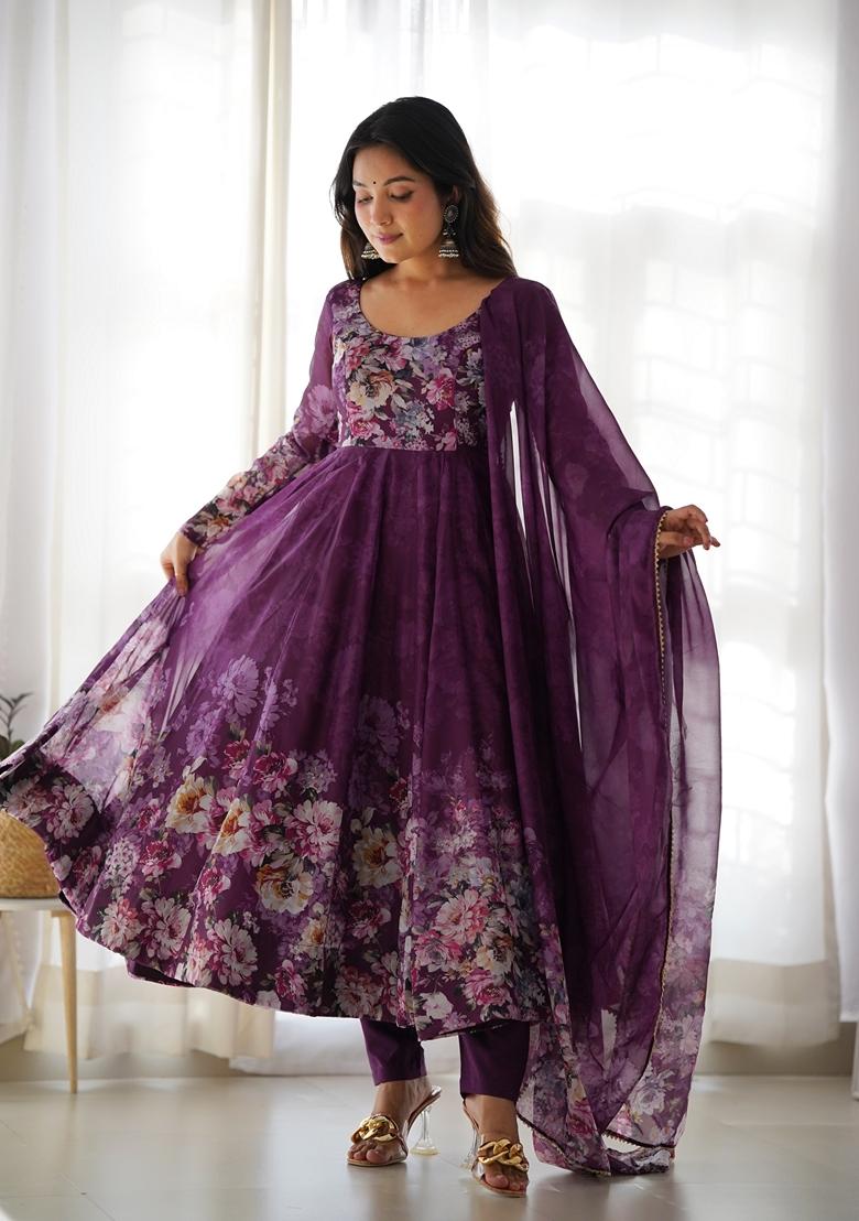 Wine Digital Print Organza Anarkali With Dupatta - Indya