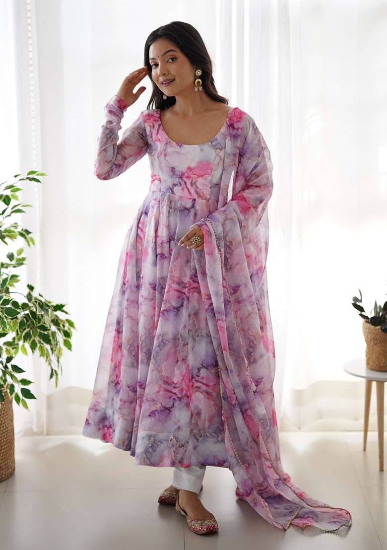 Multicolor Floral Print Organza Anarkali With Dupatta - Indya