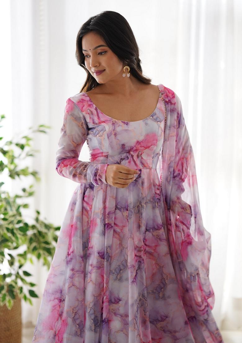 Multicolor Digital Print Organza Anarkali Set
