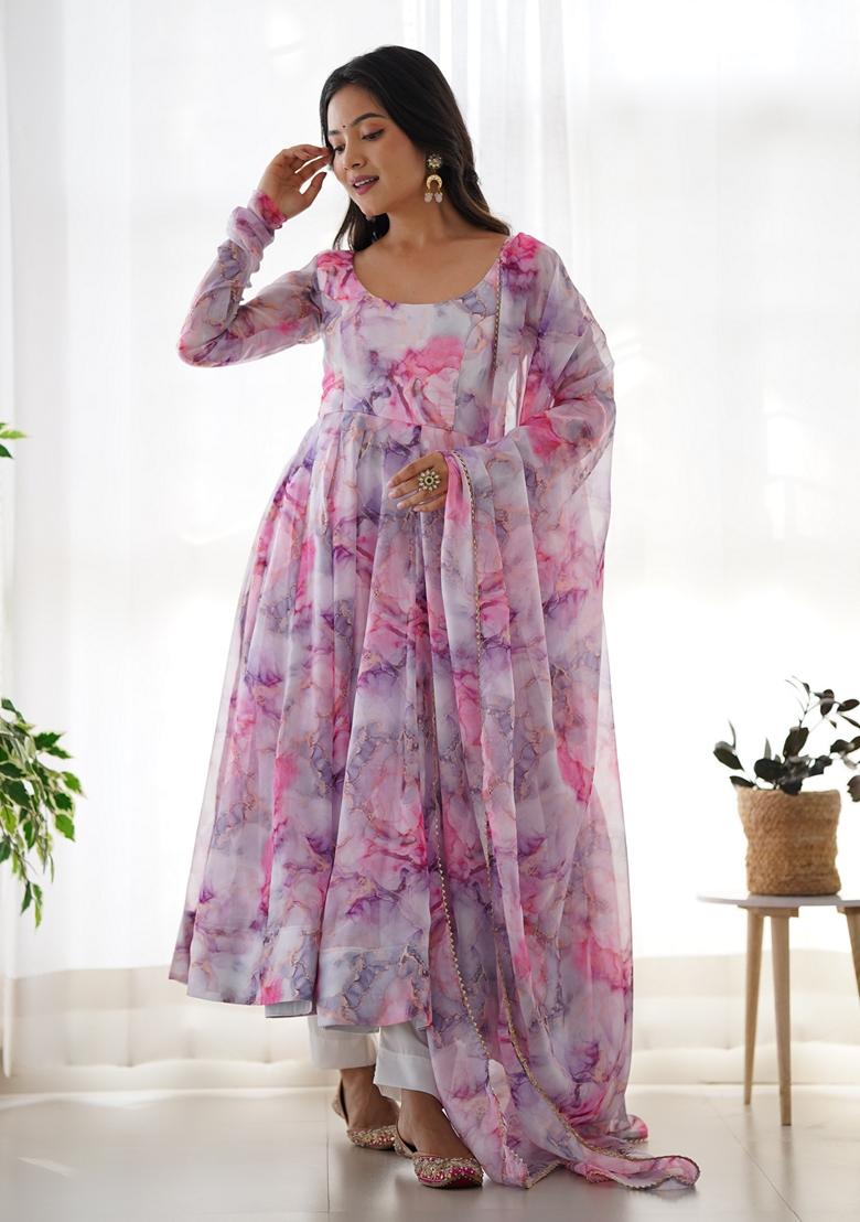 Multicolor Digital Print Organza Anarkali Set
