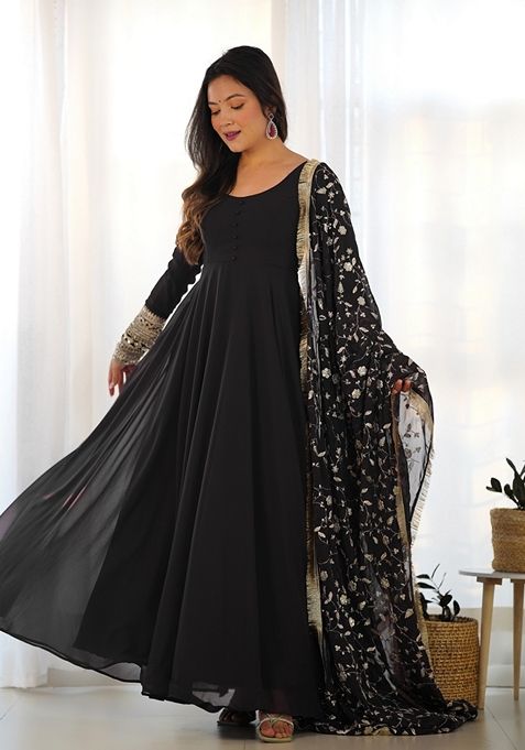 Black Zari Sequin Embroidered Faux Georgette Anarkali Set