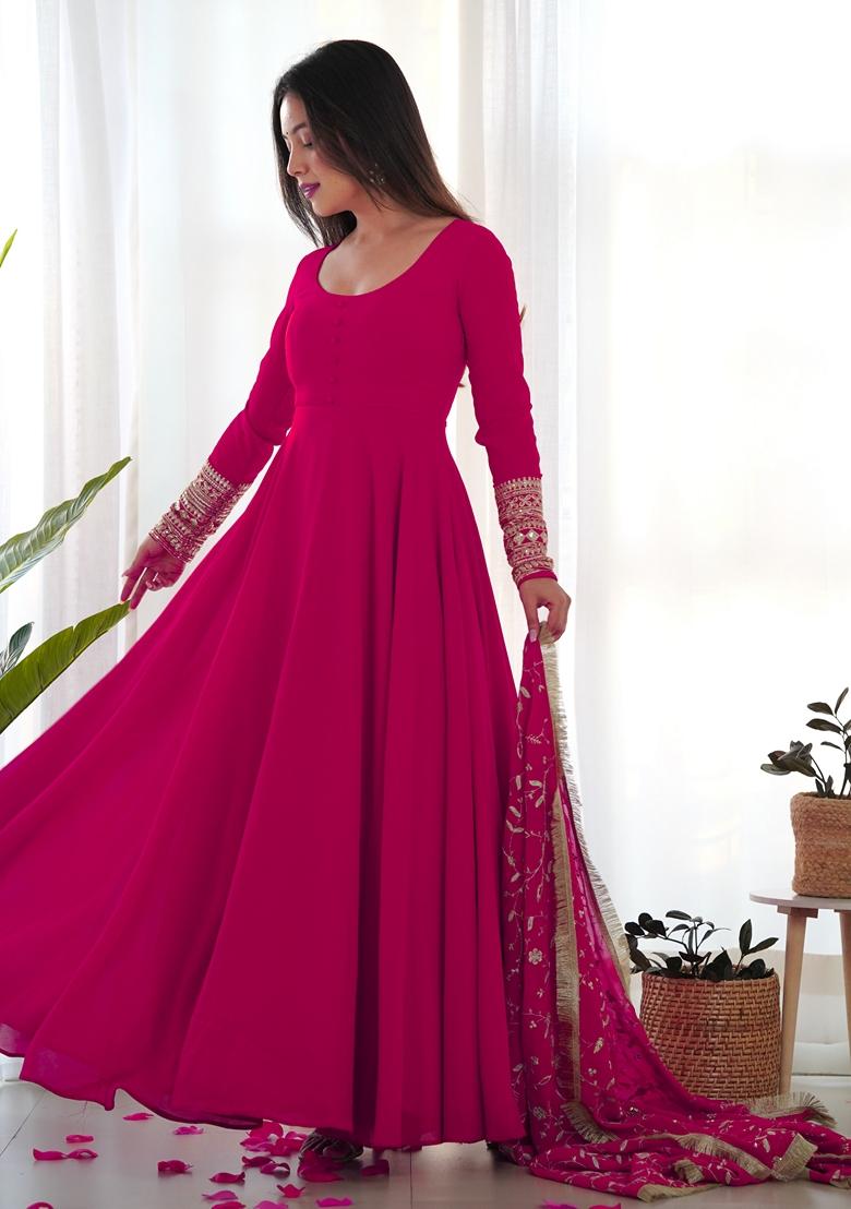 Rani Pink Zari Sequin Embroidered Faux Georgette Anarkali Set