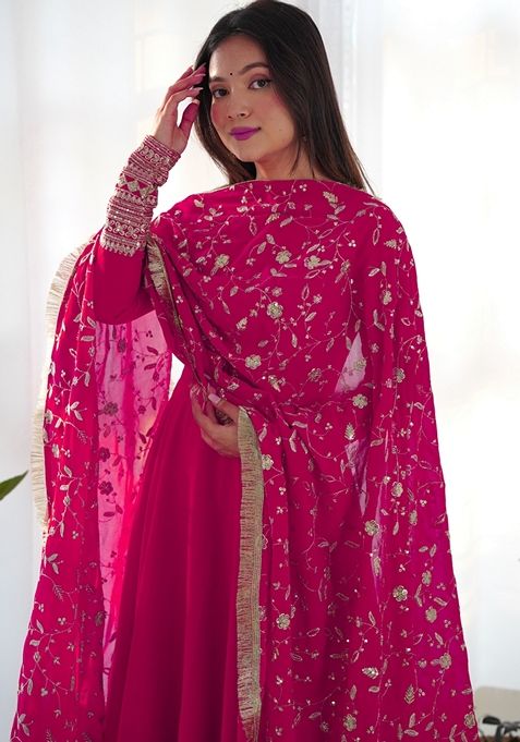 Rani Pink Zari Sequin Embroidered Faux Georgette Anarkali Set