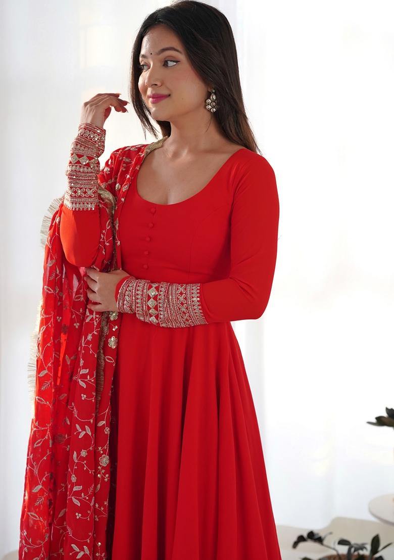 Red Zari Sequin Embroidered Faux Georgette Anarkali Set