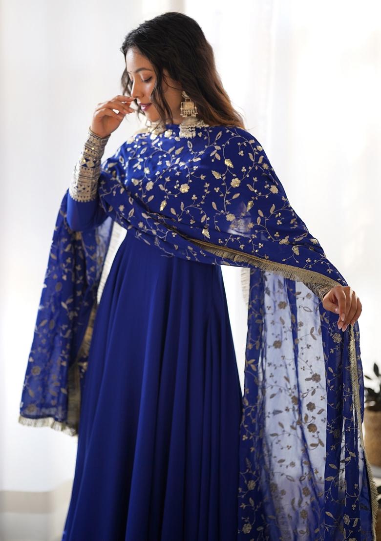 Royal Blue Zari Sequin Embroidered Faux Georgette Anarkali Set
