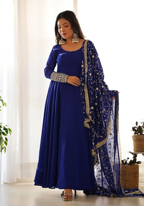 Royal Blue Zari Sequin Embroidered Faux Georgette Anarkali Set