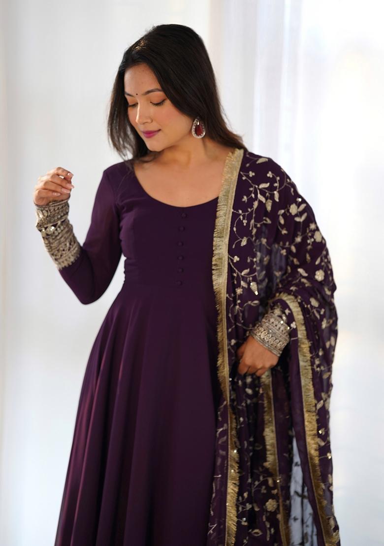 Wine Zari Sequin Embroidered Faux Georgette Anarkali Set