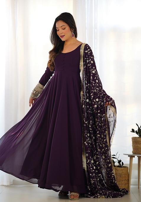 Wine Zari Sequin Embroidered Faux Georgette Anarkali Set