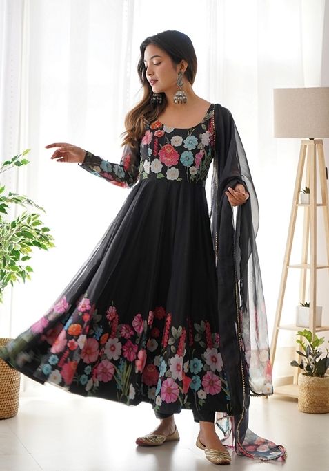 Black Digital Print Organza Anarkali Set