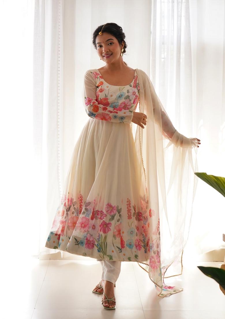 Cream Digital Print Organza Anarkali Set