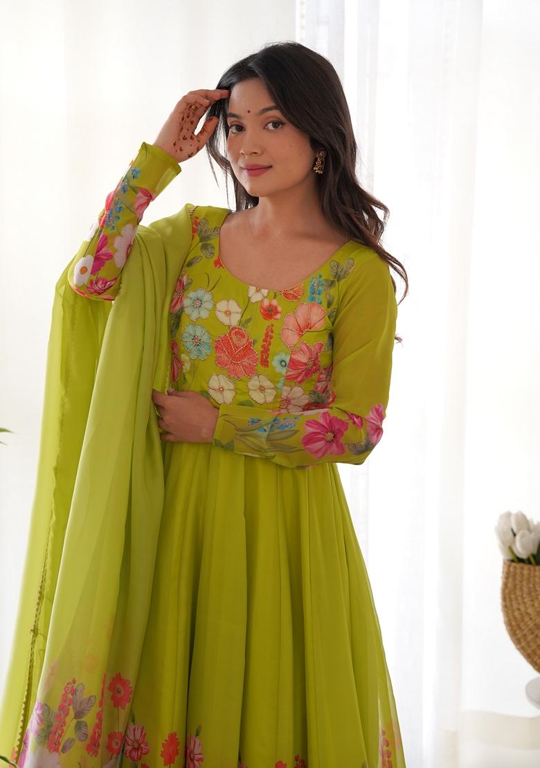 Parrot Green Digital Print Organza Anarkali Set