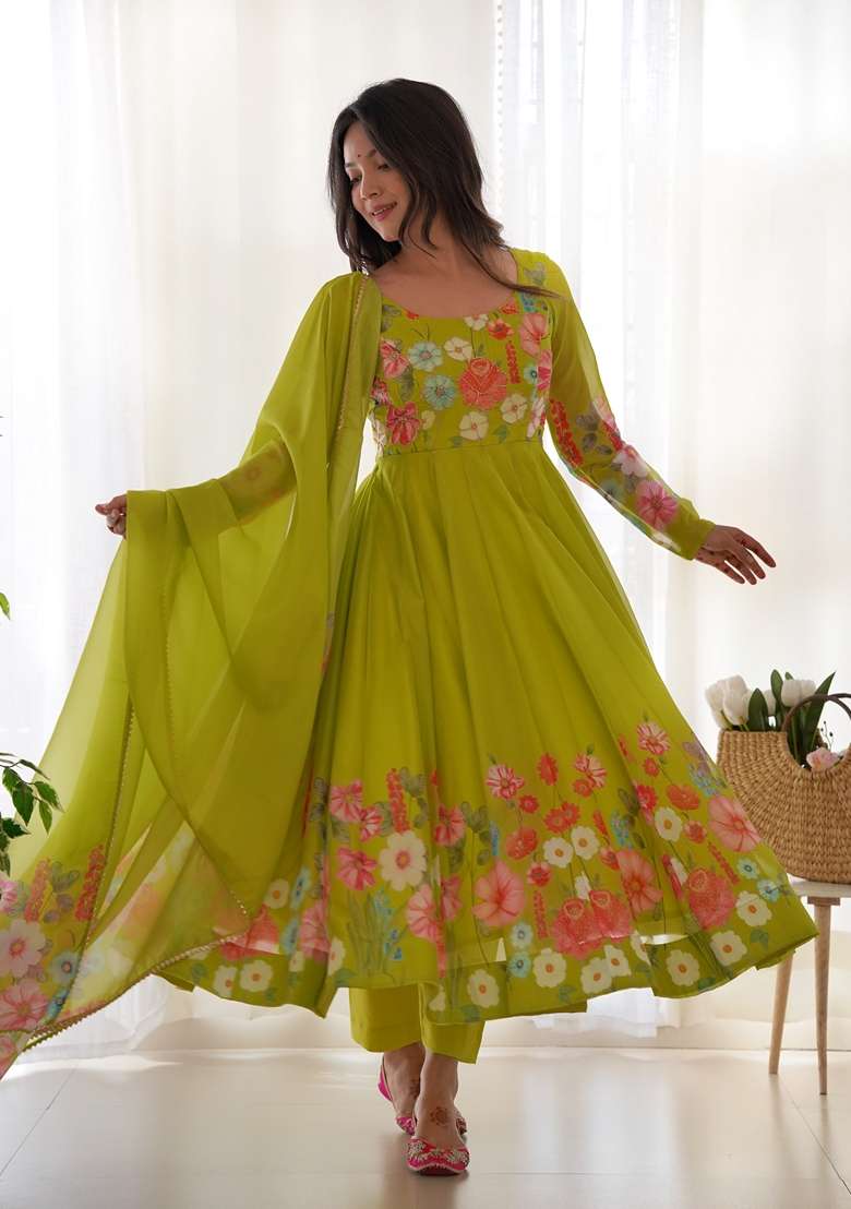 Parrot Green Floral Print Organza Anarkali With Dupatta - Indya