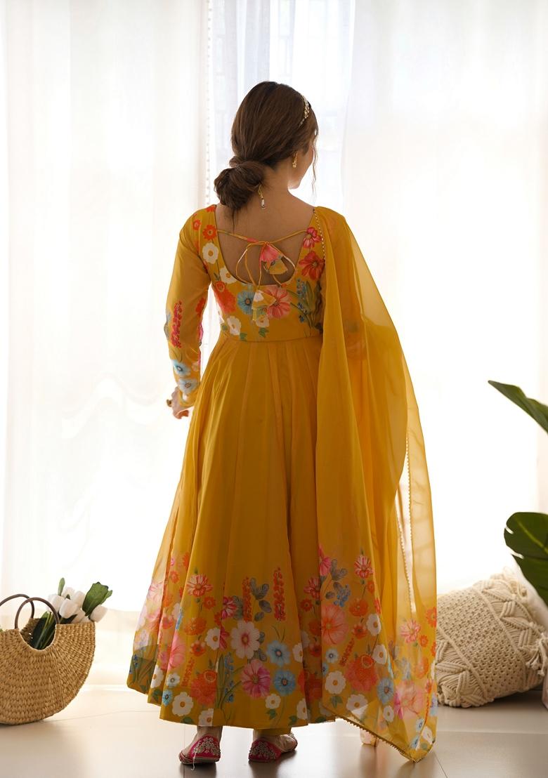 Yellow Digital Print Organza Anarkali Set