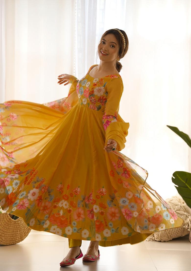 Yellow Digital Print Organza Anarkali Set