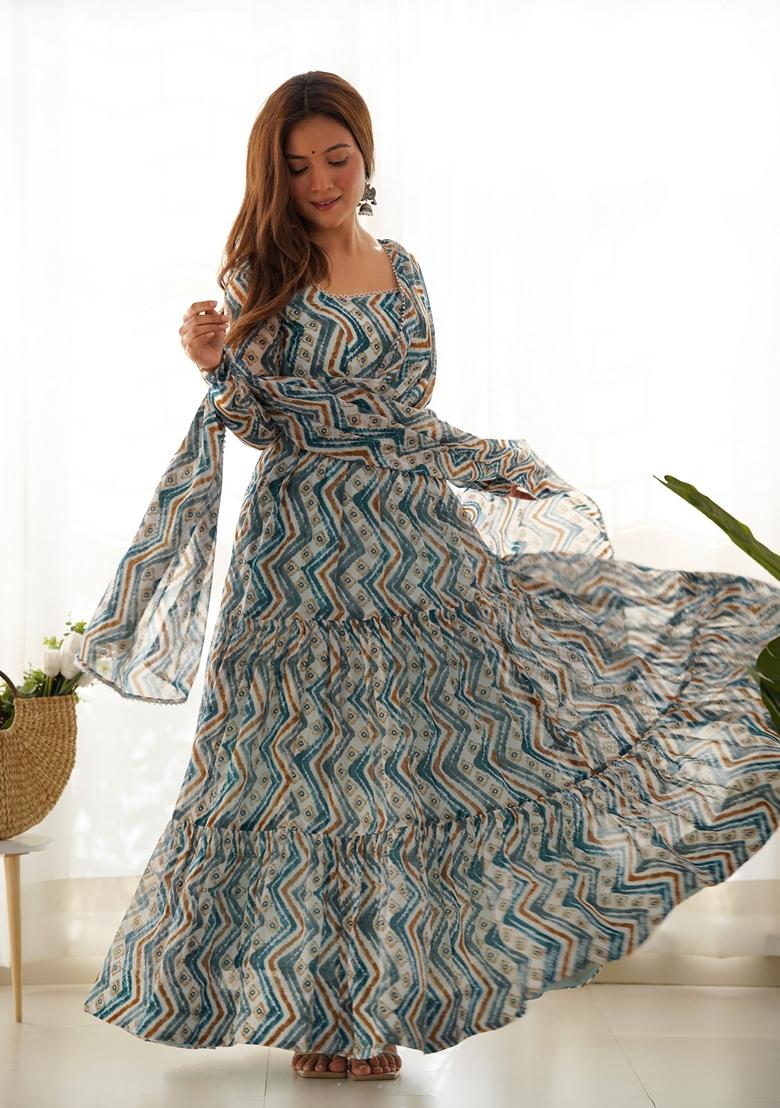 Light Blue Digital Print Faux Georgette Anarkali Set