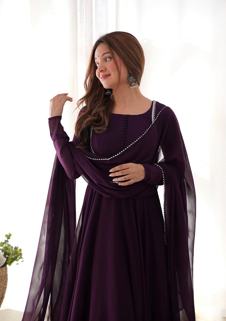 Wine Lace Work Faux Georgette Anarkali Set