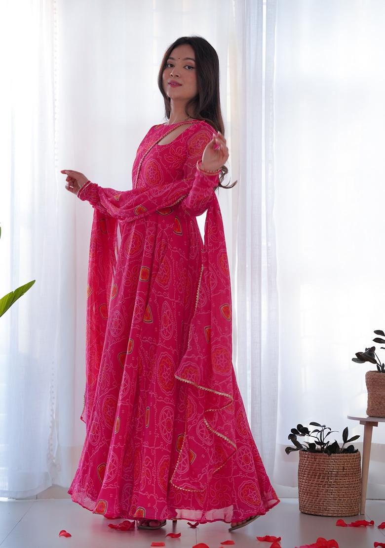 Pink Digital Print Chiffon Anarkali Set