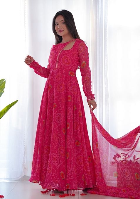 Pink Digital Print Chiffon Anarkali Set