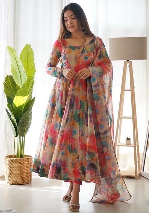 Multicolor Digital Print Organza Anarkali Set