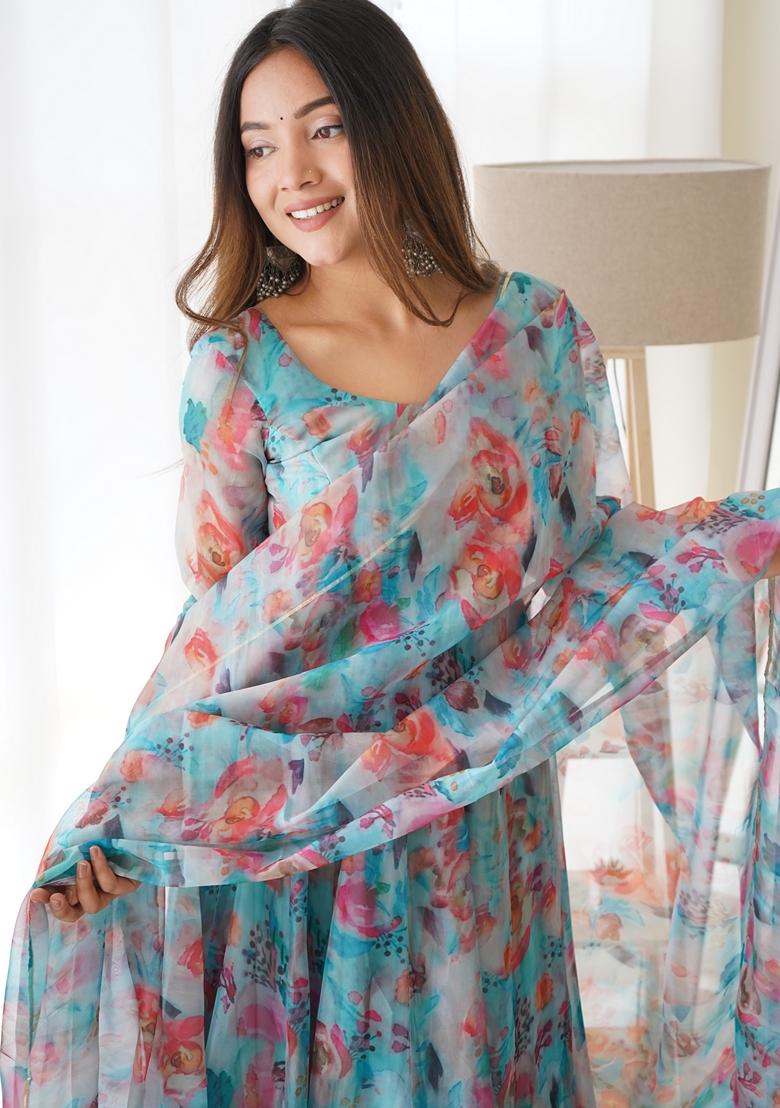 Multicolor Digital Print Organza Anarkali Set