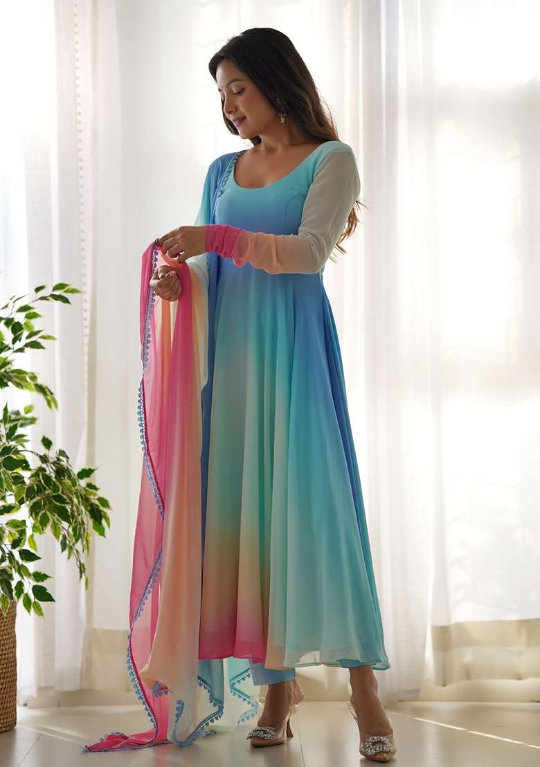 Multicolor Tie And Dye Faux Blooming Anarkali With Dupatta - Indya