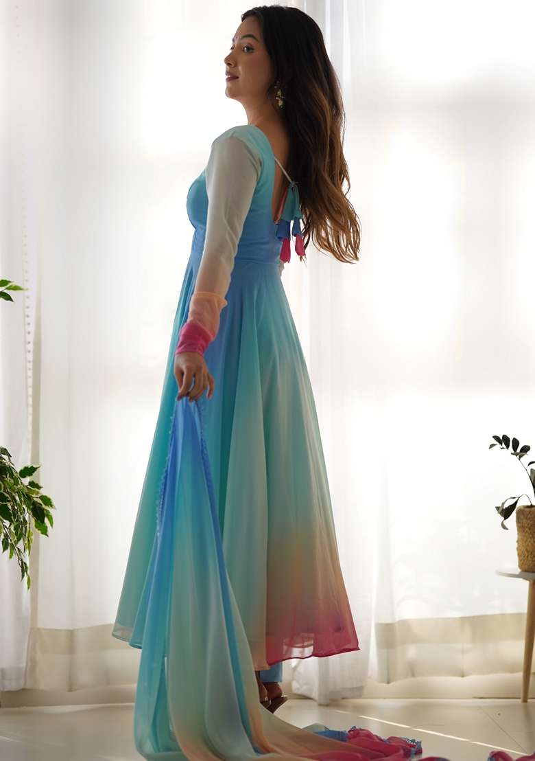 Multicolor Tie And Dye Faux Blooming Anarkali With Dupatta - Indya