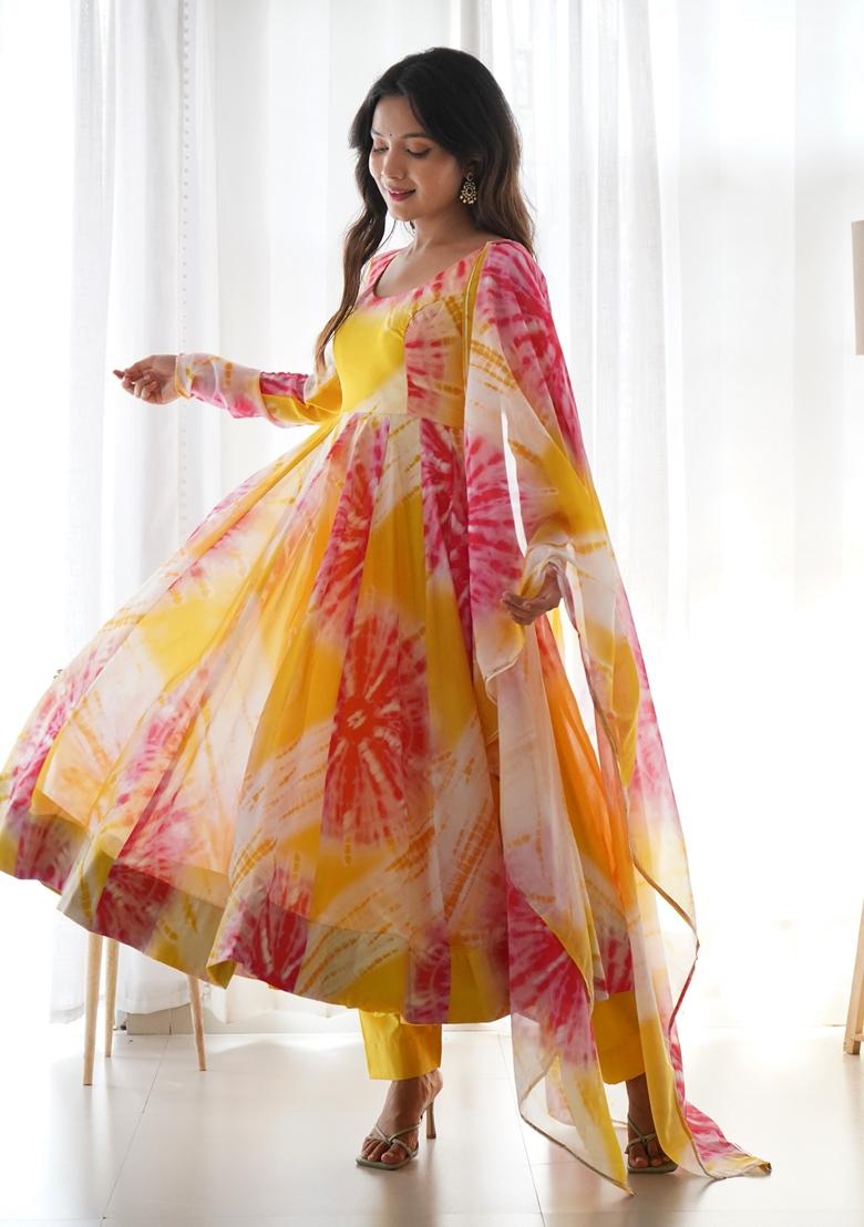 Multicolor Digital Print Organza Anarkali Set