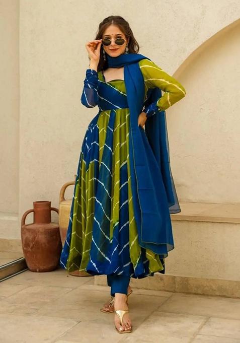 Blue Digital Print Organza Kurta Set