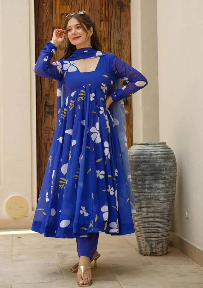 Blue Digital Print Georgette Kurta Set