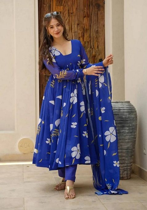 Blue Digital Print Georgette Kurta Set