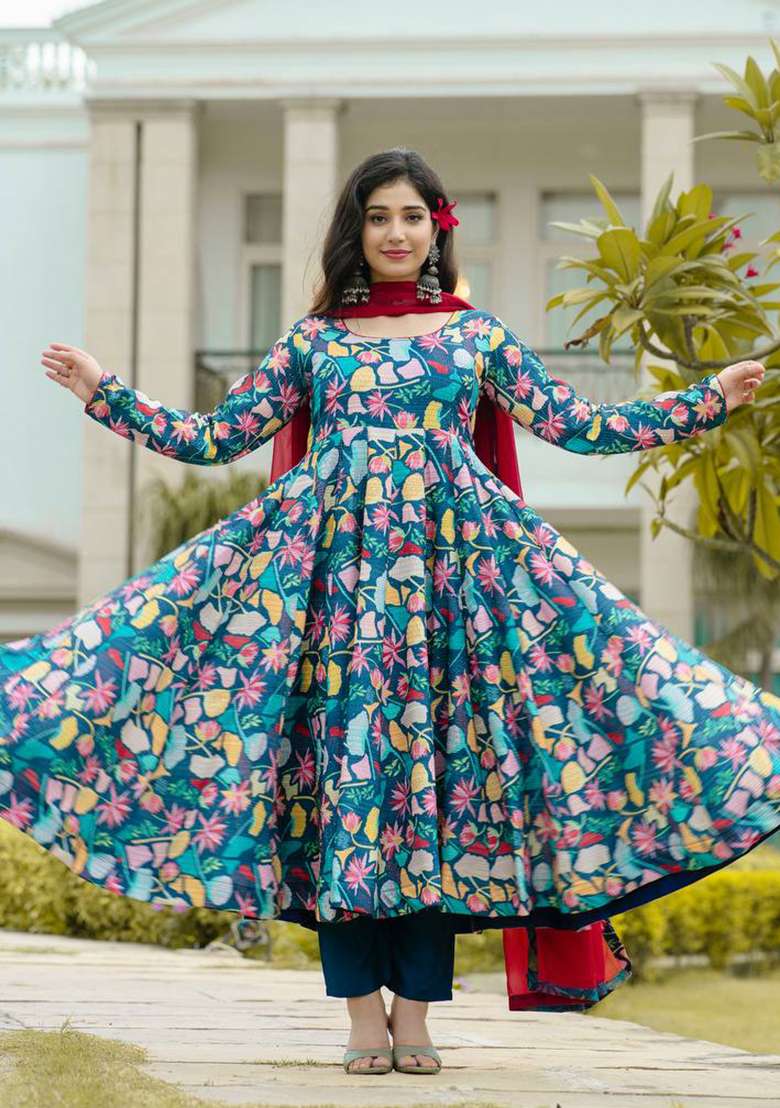 Multicolor Floral Print Muslin Anarkali Set - Indya